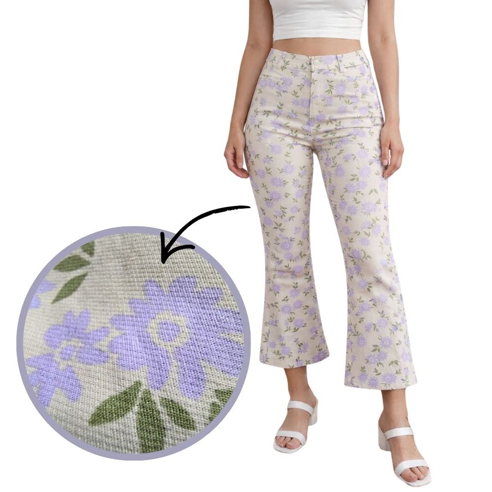 Zara Womens L Lavendar Floral Pants 70s Retro Flare Boho Cottagecore Trousers